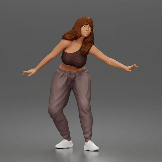 Foto prodotto modellismo per diorama 0: figura in piedi: skater in posa di equilibrio con crop top, pantaloni da jogging e sneakers (a171)