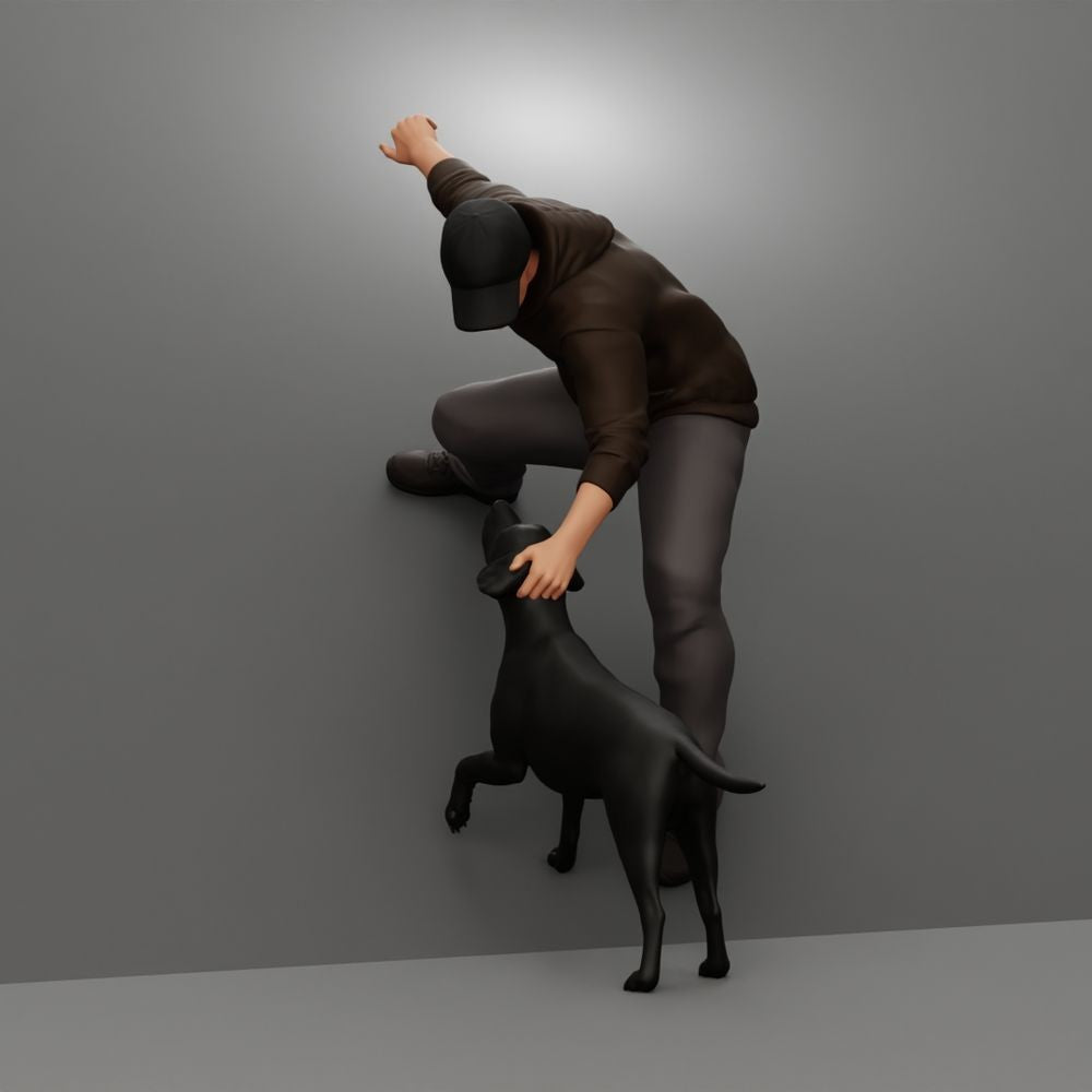 Diorama Modellbau Produktfoto 1: Diorama Figur: Springender Mann mit Kapuzenpullover rettet Hund (a200)