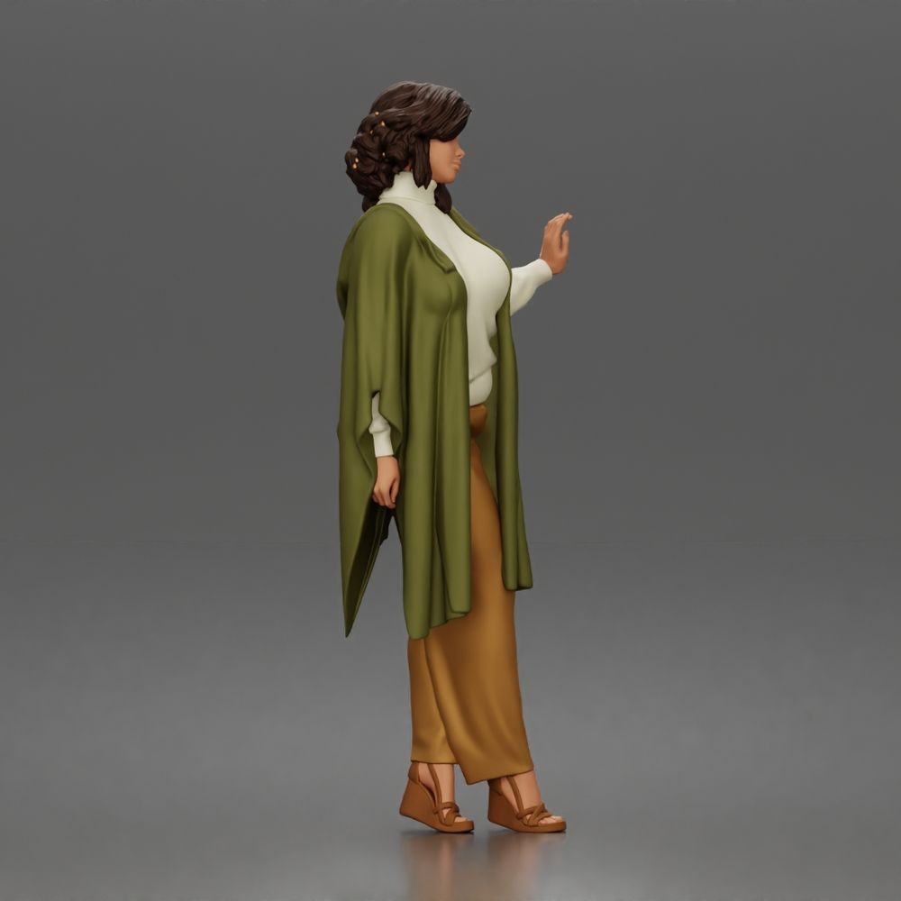Diorama Modellbau Produktfoto 1: Stehende Figur: Frau mit erhobener Hand, fließendem Cape & Plateauschuhen (a174)