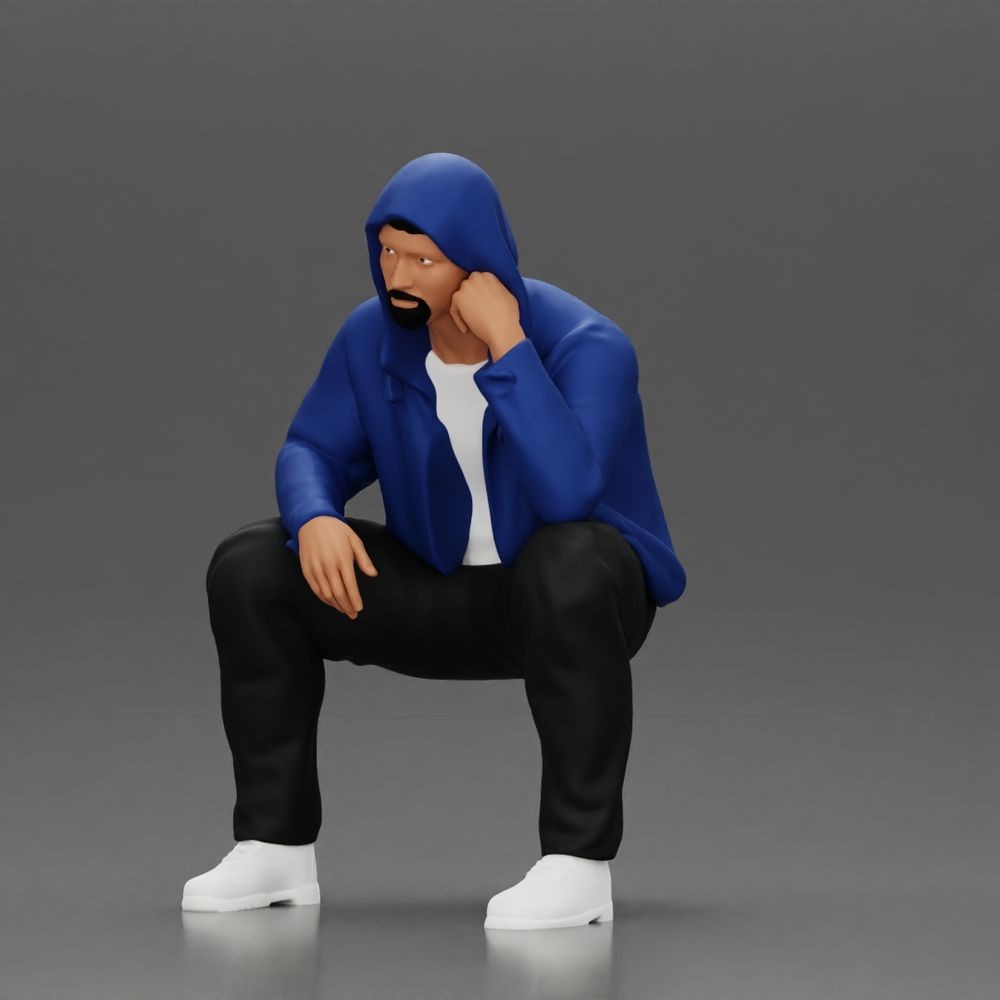 Diorama Modellbau Produktfoto 2: Kniende Figur: Hockender Mann mit Kapuzenjacke und Hand am Gesicht (a163)