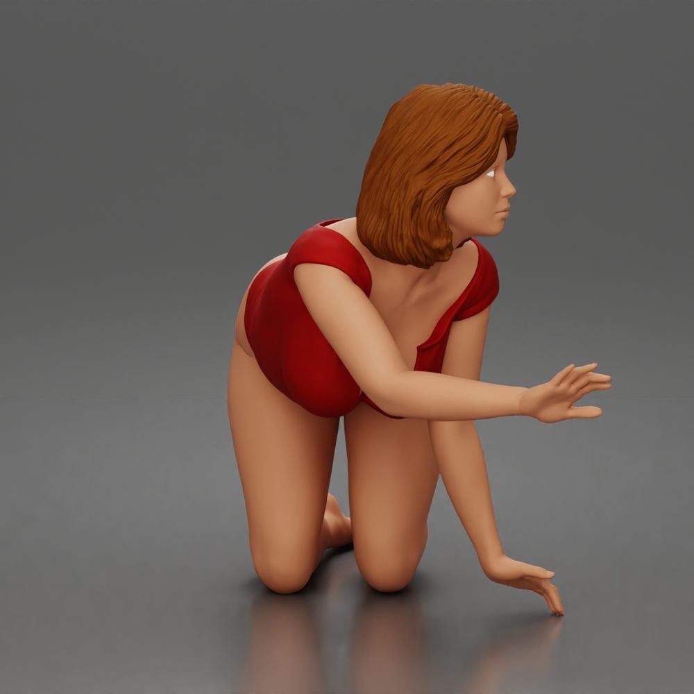 Diorama Modellbau Produktfoto 2: Kniende Figur: Frau im Bodysuit mit vorgeneigtem Oberkörper und Hand am Boden (a175)
