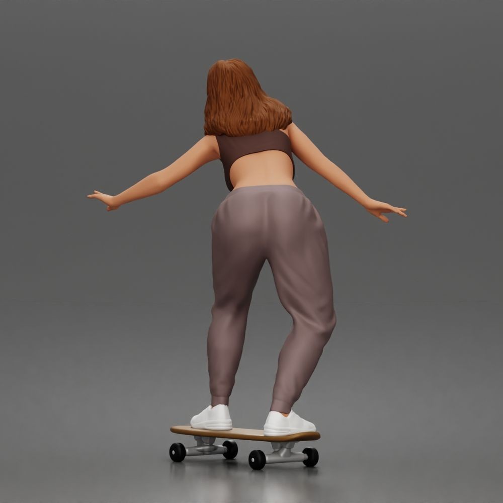 Diorama Modellbau Produktfoto 3: Diorama Figur: Skaterin balancierend auf Skateboard mit Crop-Top & Jogginghose (a170)