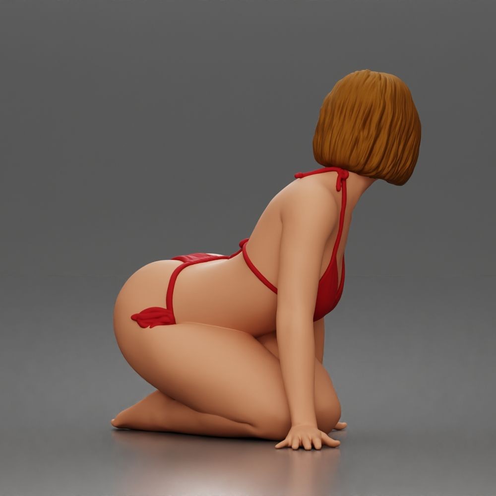 Dioramatická modelářská produktová fotografie 3: Klečící figurka: plážová žena v zavazovacích bikinách (a182)