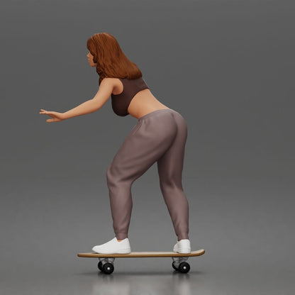 Produktová fotografie dioramatického modelu 4: dioramatická figurka - skaterka balancující na skateboardu v crop topu a teplácích (a170)