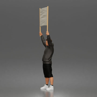 Foto de produto de modelismo para diorama 4: Figura em pé: manifestante com faixa vazia, sweatshirt com capuz e calções (a178)