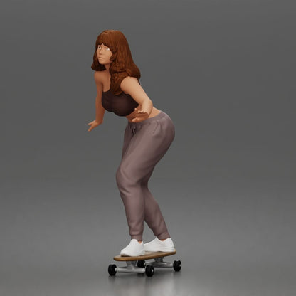 Diorama modelářství produktová fotografie 5: Diorama figurka: skejťačka balancující na skateboardu v crop topu a teplácích (a170)