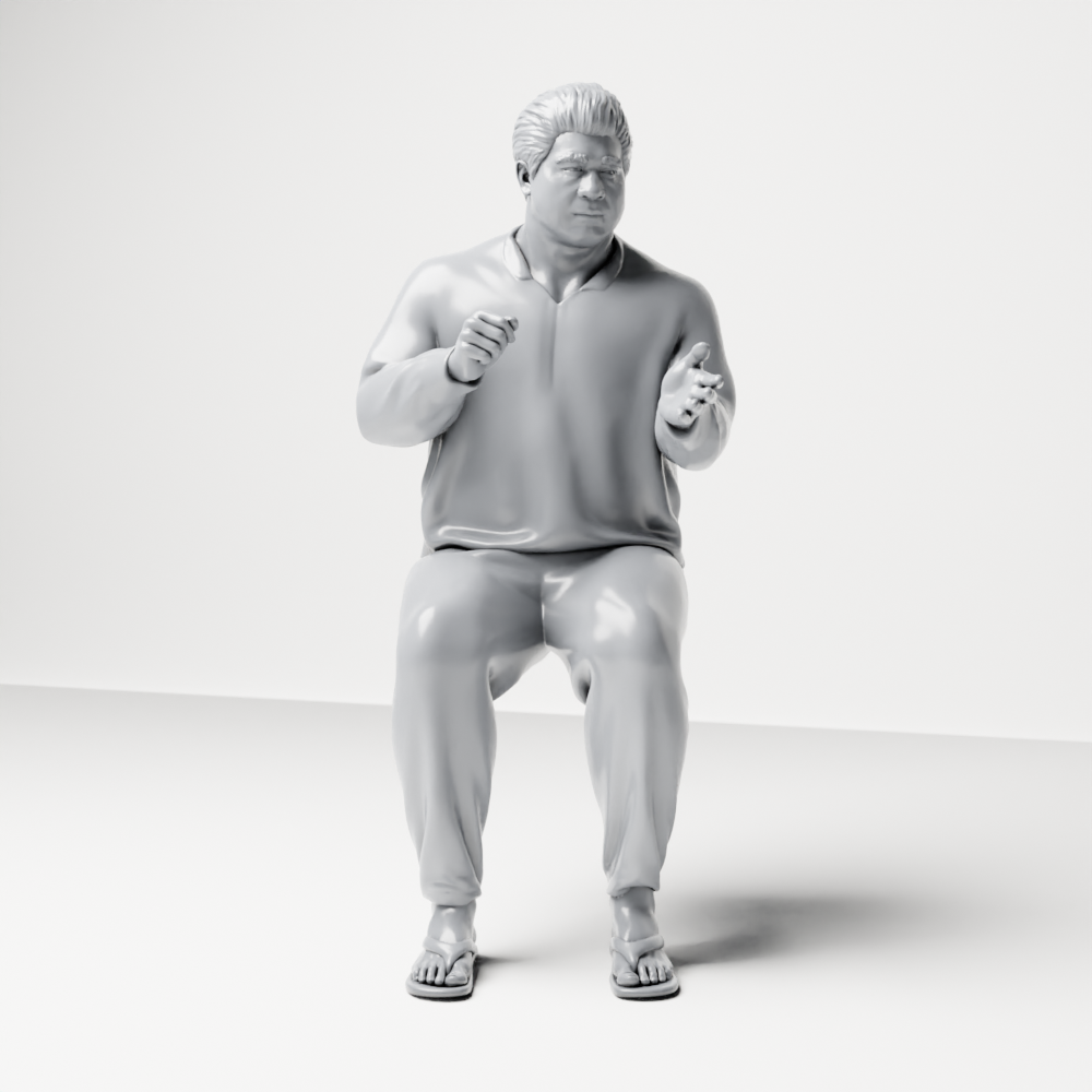 Diorama Modellbau Produktfoto 7: Sitzende Figur: Gestikulierender Mann mit Pullover, Hose & Flip-Flops (a165)