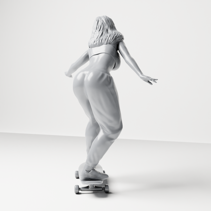 Diorama modelářství produktová fotografie 6: Diorama figurka: skateboardistka balancující na skateboardu v crop topu a teplácích (a170)