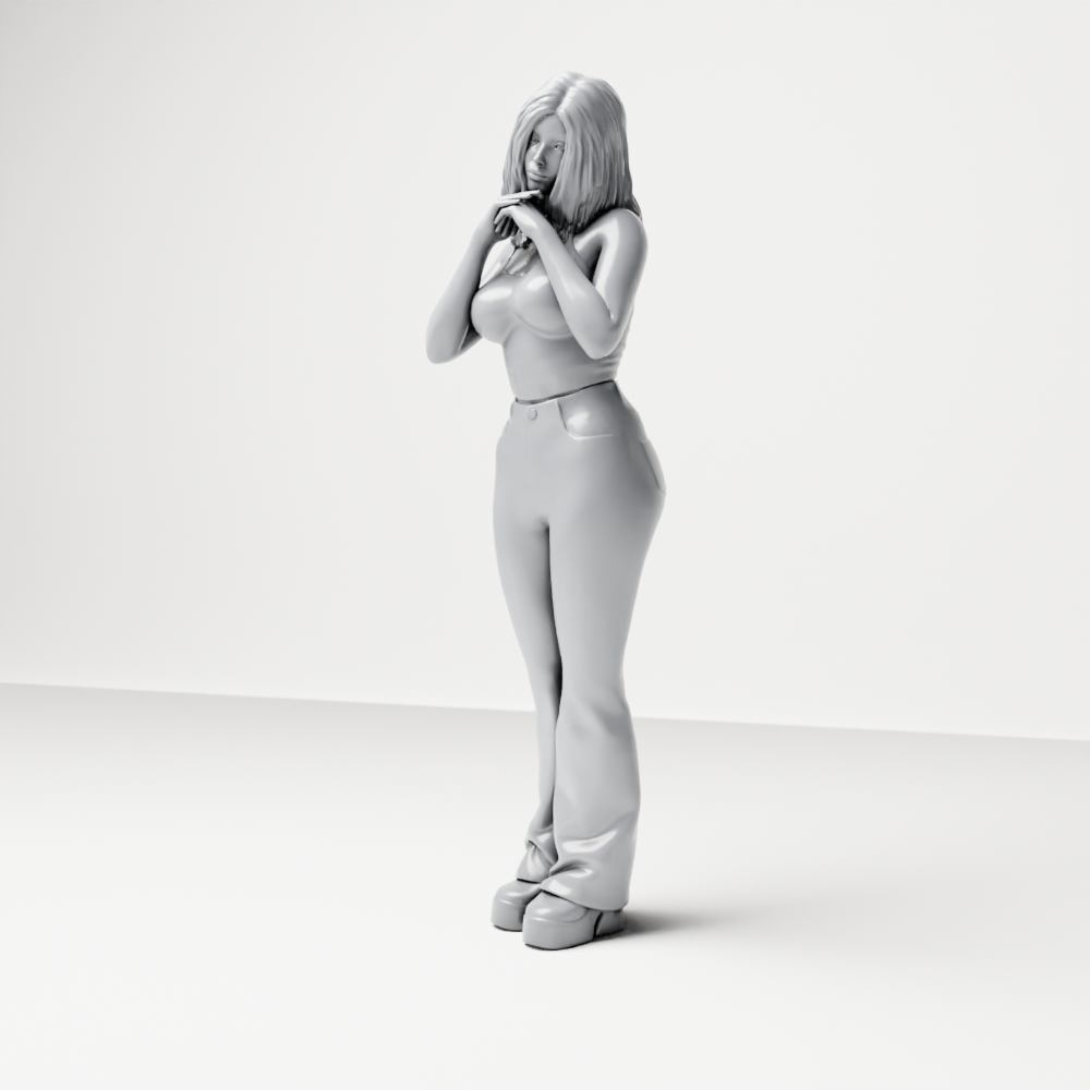 Diorama Modellbau Produktfoto 7: Stehende Figur: Frau mit ärmellosem Oberteil & Hose, Hände unter dem Kinn (a187)