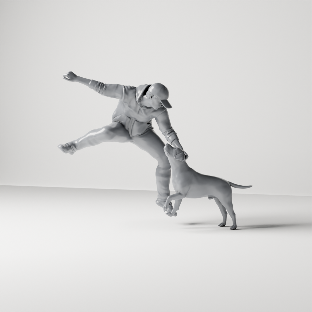 Diorama Modellbau Produktfoto 3: Diorama Figur: Springender Mann mit Kapuzenpullover rettet Hund (a200)