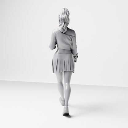 Produktová fotografie dioramatického modelu 6: Kráčející figurka: sportovkyně/mladá žena s kelímkem na nápoj ve volnočasovém oblečení (a213)
