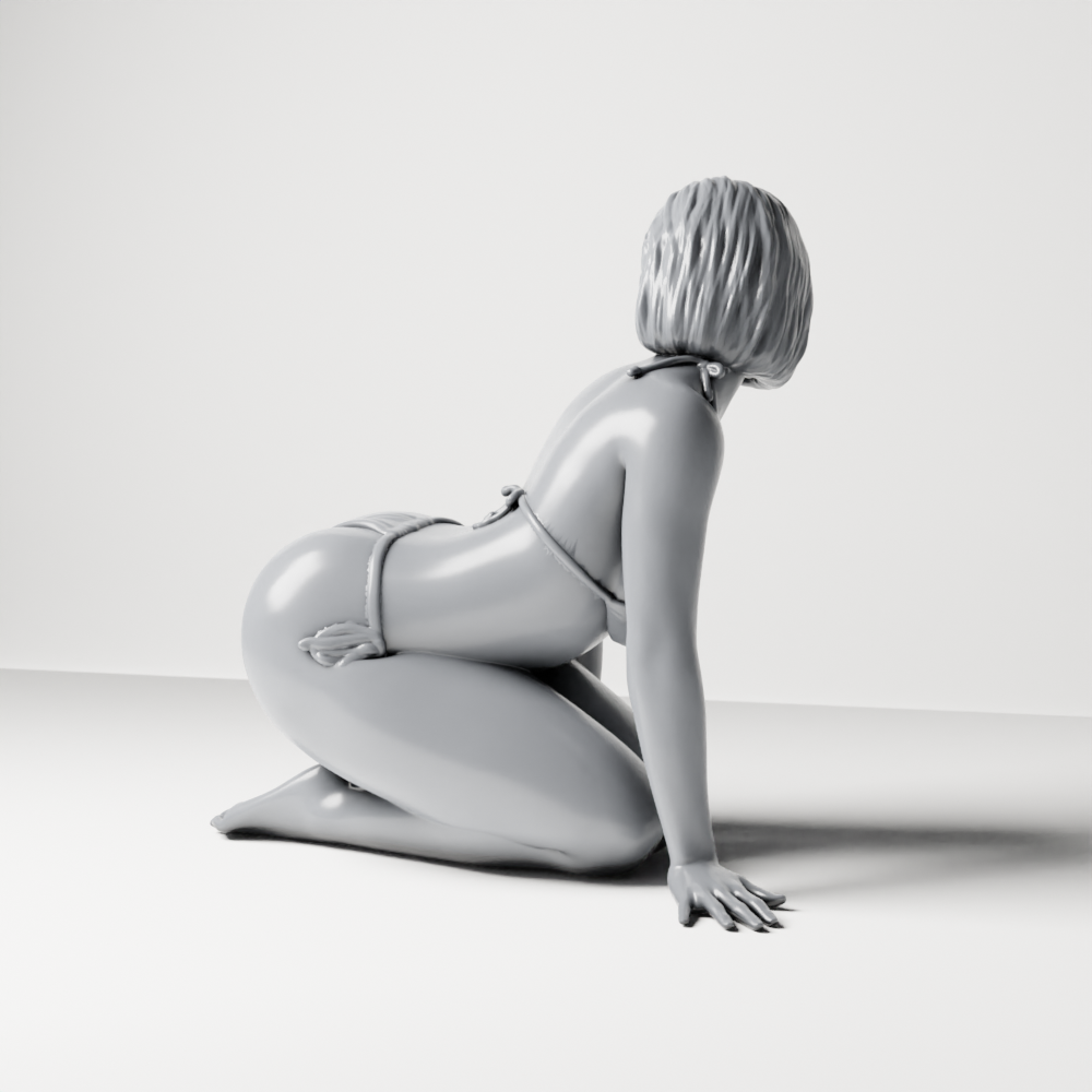 Produktová fotografie 7 modelu pro dioráma: klečící figurka ženy na pláži v zavazovacích bikinách (a182)