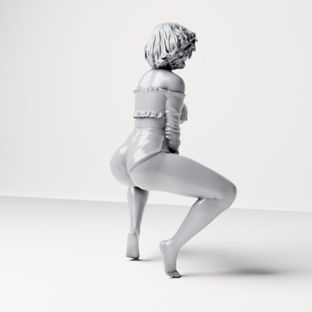 Diorama Modellbau Produktfoto 8: Hockende Figur: Tänzerin mit schulterfreiem Crop-Top & Shorts (a185)