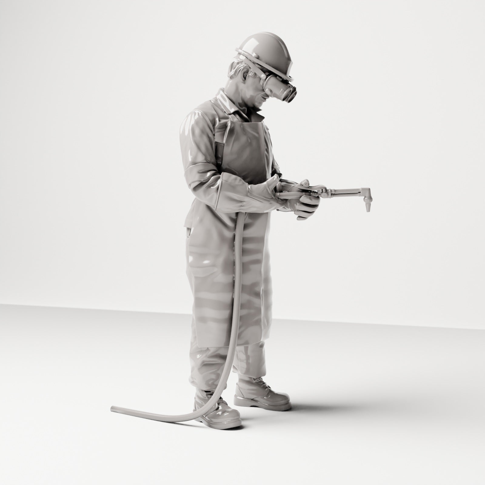Stehende Figur: Schweißer mit MIG-Schweißbrenner & Schutzkleidung (Ref. Nr. 481) - Studioansicht 4 mit Schweißgerät und Schlauch