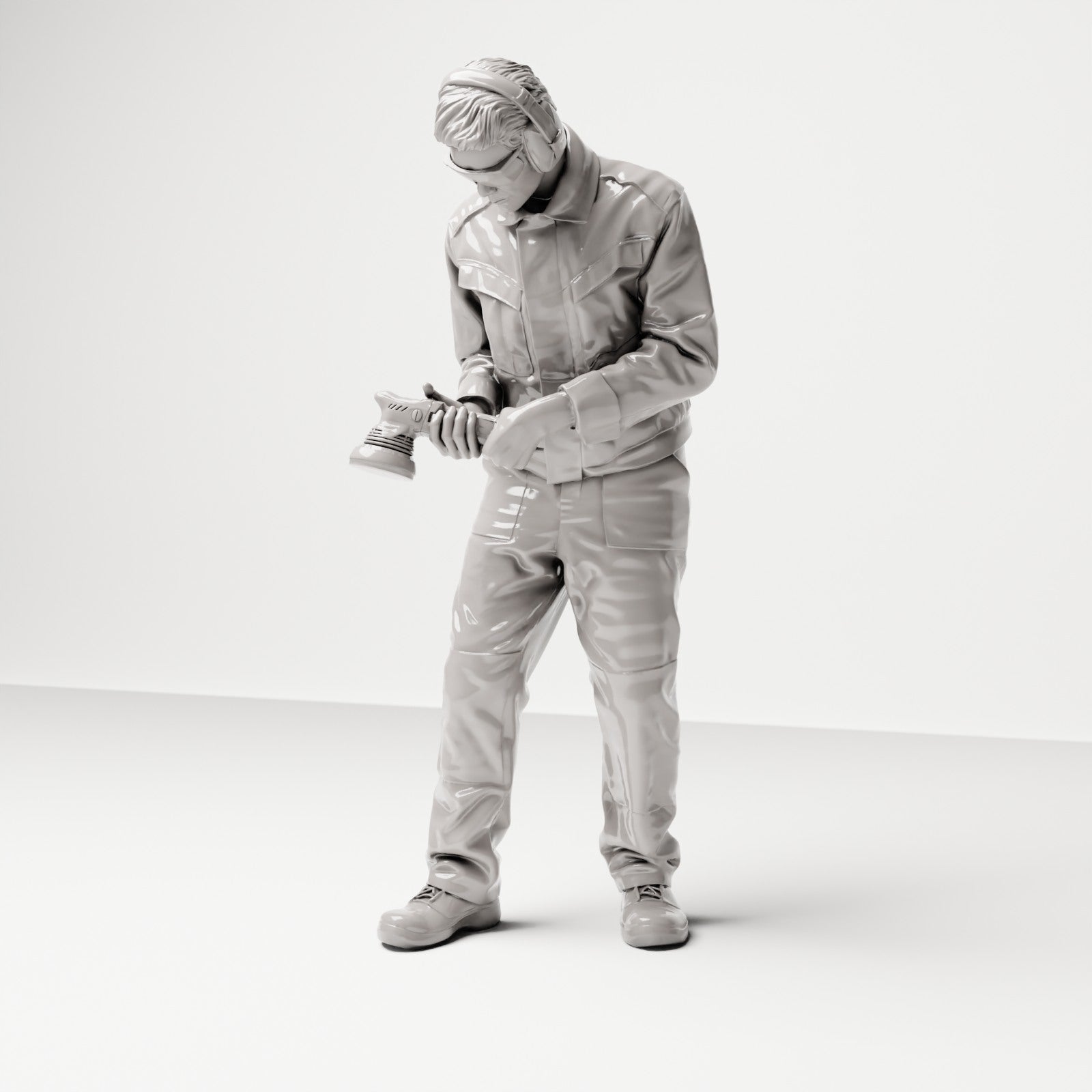 Stehende Figur: Karosseriemechaniker im Overall mit Hand-Elektrowerkzeug (Ref. Nr. 486) - vollständige Studioansicht 2