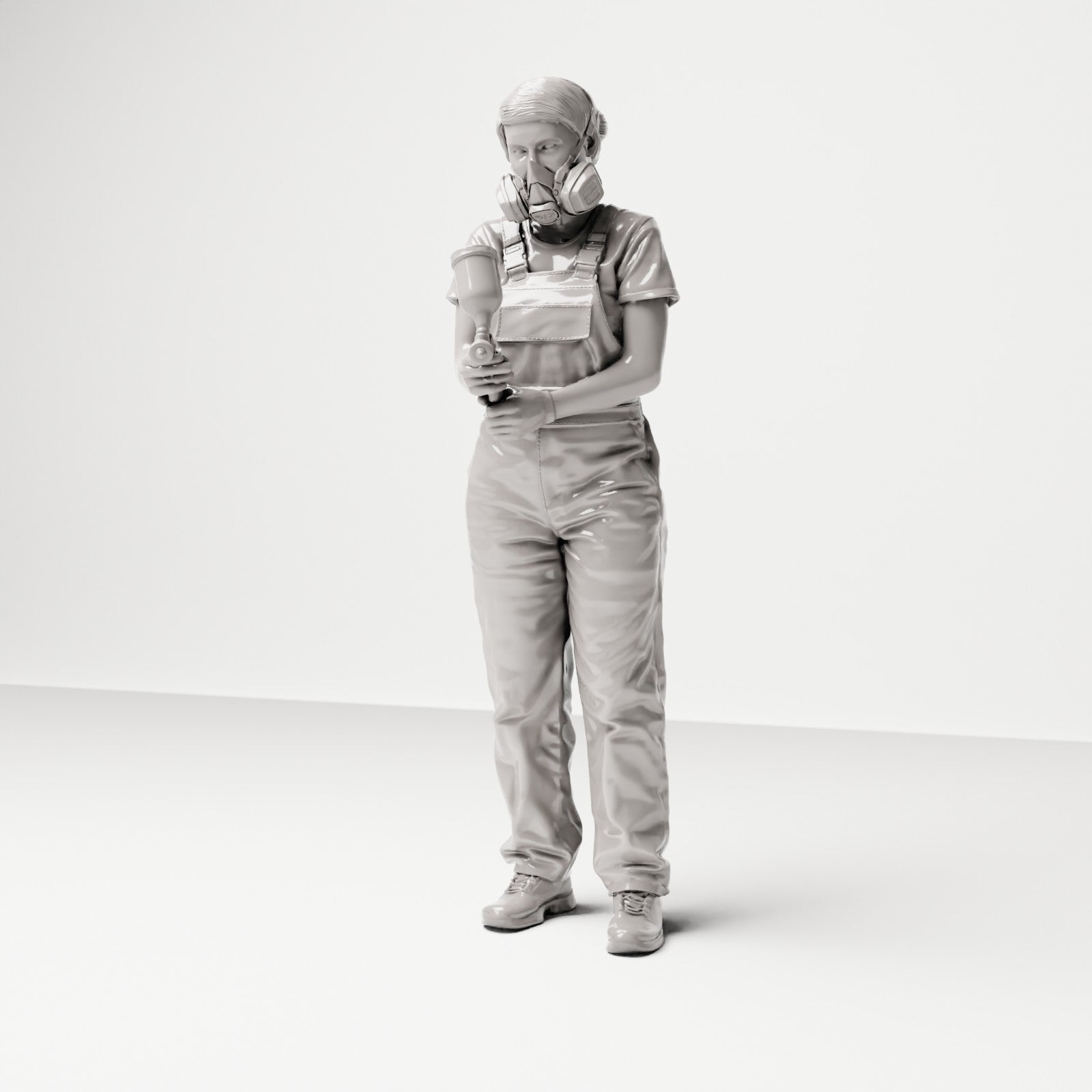 Stehende Figur: Mann in Latzhose mit Atemschutzmaske & Handgerät (Ref. Nr. 490) - vollständige Studioansicht 2