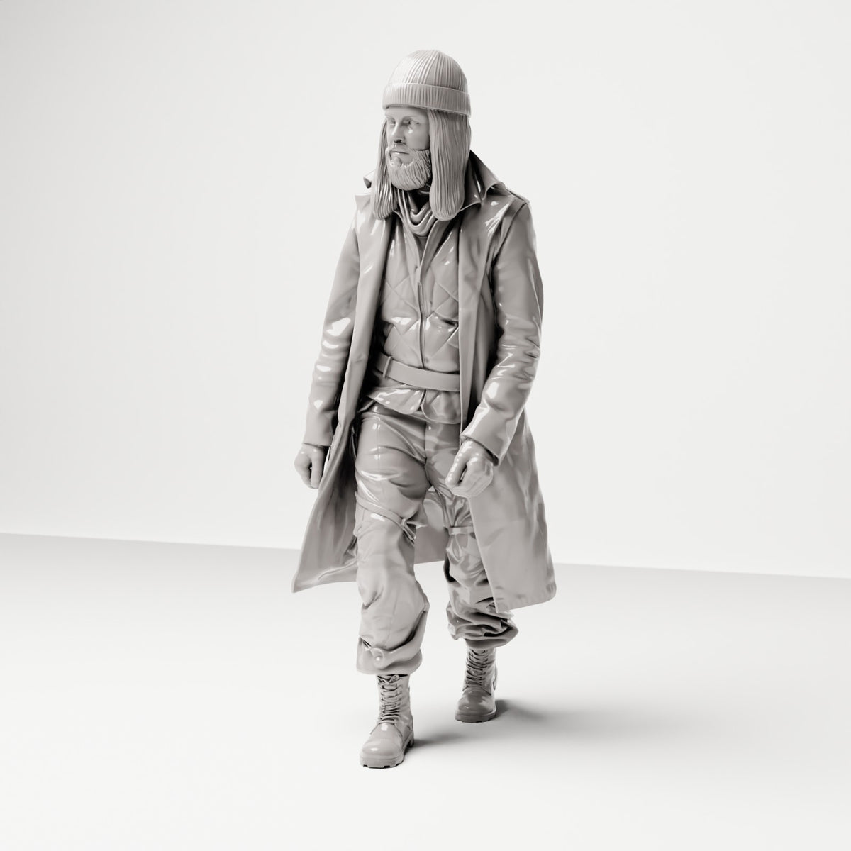 Stehende Figur: Mann mit langem Mantel, Mütze, Handschuhen & Stiefeln (Ref. Nr. 494) - vollständige Studioansicht 2