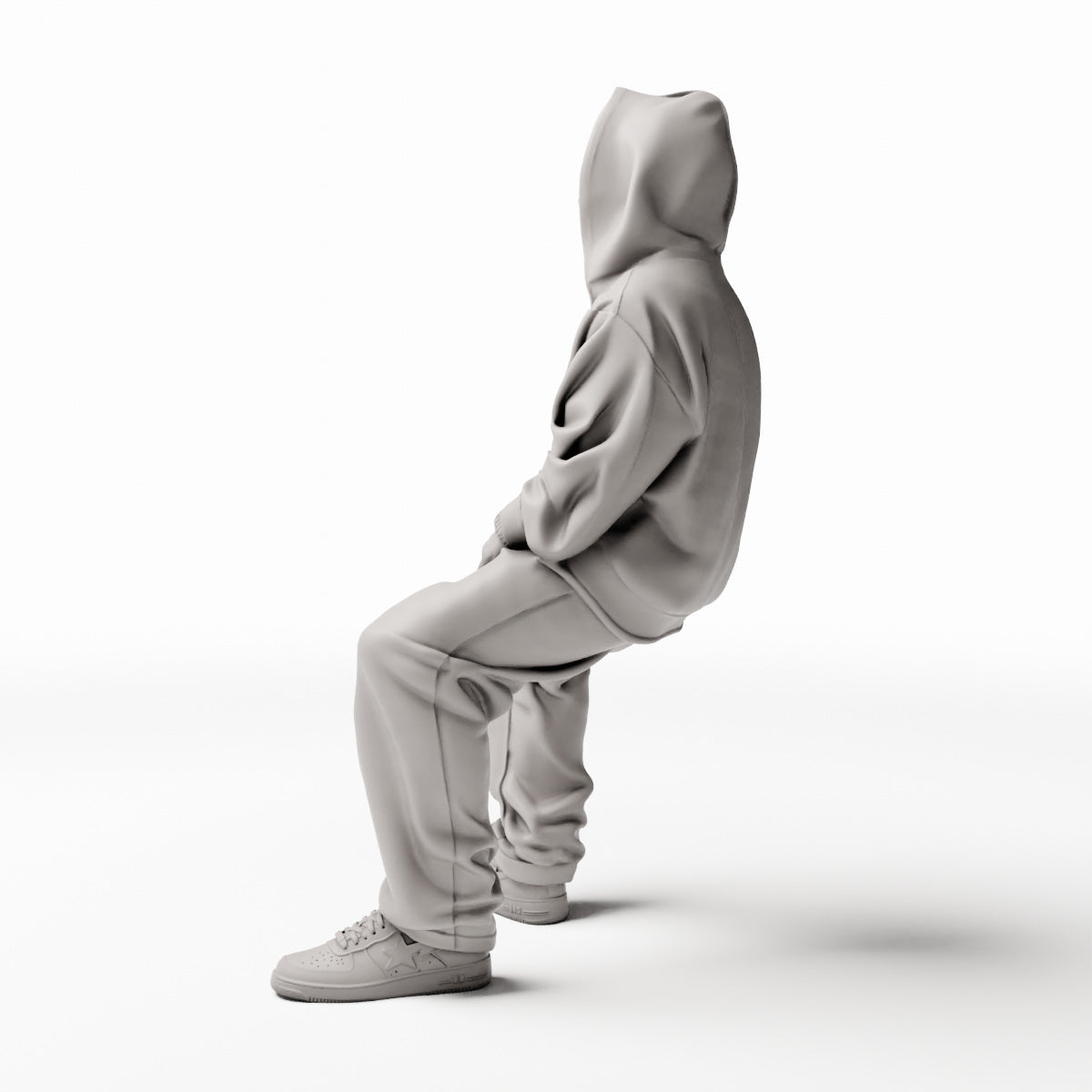 Diorama Modellbau Produktfoto 0: Sitzende Figur: Mann in Hip-Hop Kleidung mit Kapuzenjacke, Mütze und weiter Hose (Ref. Nr. 531)