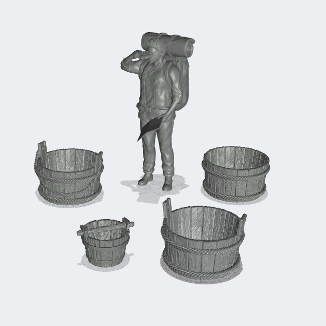 Produktfoto Miniatur Möbel, Einrichtung Diorama und Modellbau  0: Im Waschhaus: Wanne und Eimer - Holzwanne und Wassereimer