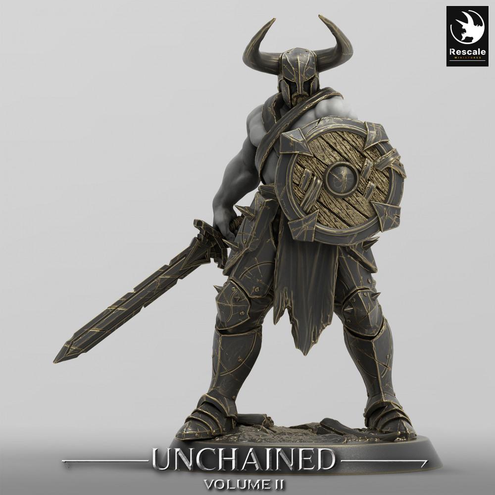 Foto do produto Tabletop 28mm Lord of the Print (LotP) 0: Figura de Fantasia: Guerreiro com chifres com escudo redondo e espada, Cavaleiro Sombrio, Lutador com escudo (24_05_C13)