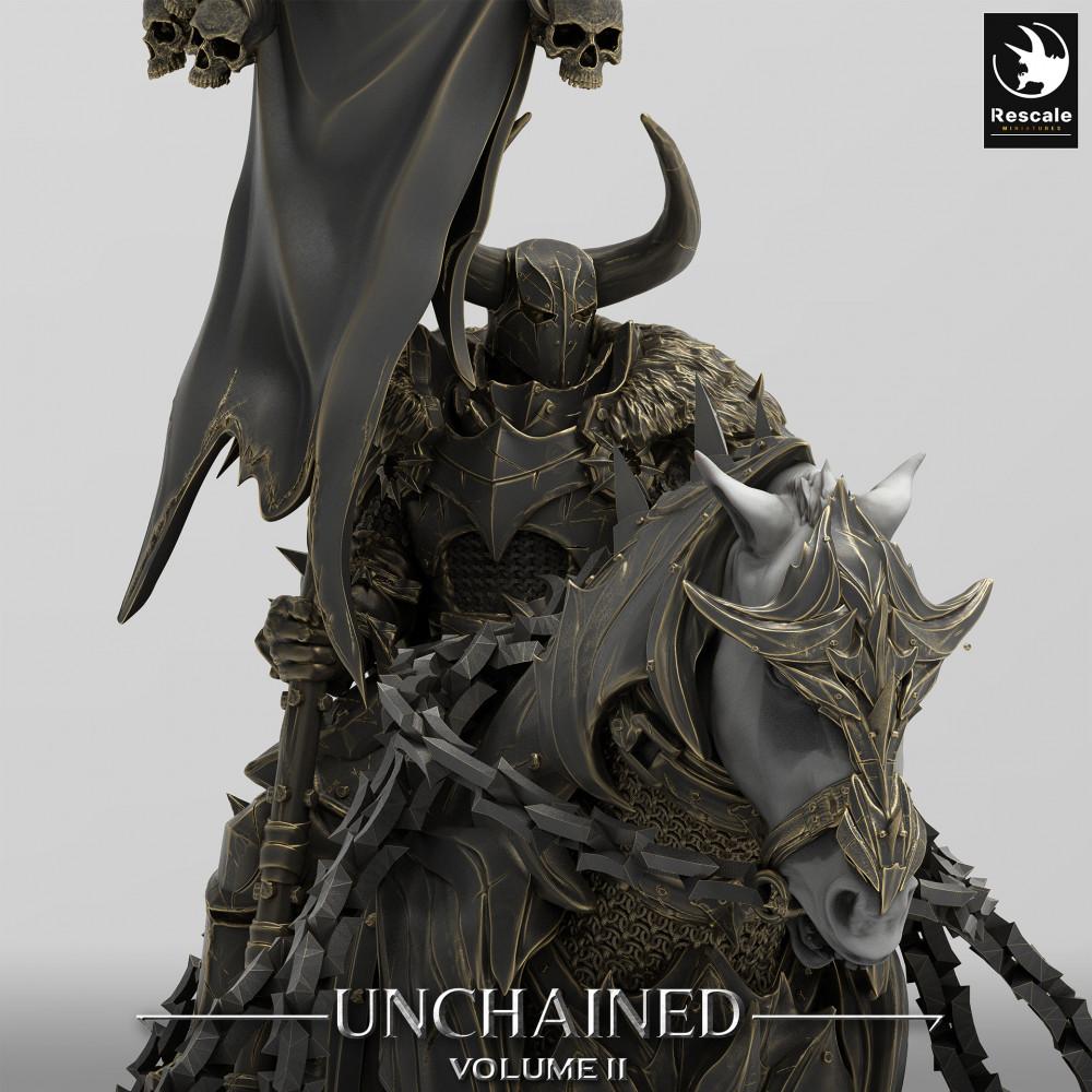 Produktfoto Tabletop 28mm Lord of the Print (LotP) 0: Tabletop Miniatur: Todesritter (Death Knight) zu Pferd mit Kriegsstandarte, Standartenträger, Dunkler Paladin (24_05_R)