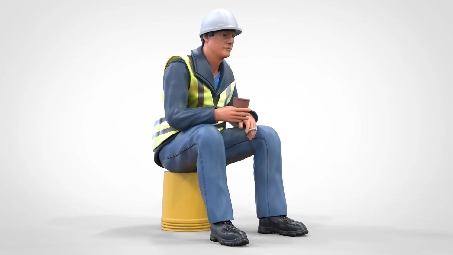 Produktfoto Diorama und Modellbau Miniatur Figur: Bauarbeiter sitzend auf Eimer